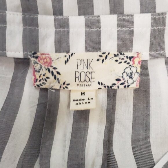 Pink Rose Blouse Womens Size Medium Grey Stripe Surplice Citycore Light Academia - Picture 2 of 16